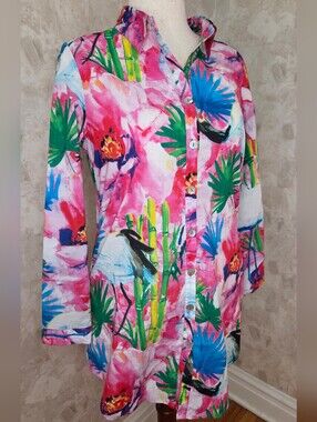Soft Surroundings Tropical Floral Bird Print Tunic Top Pink Green Cotton Medium
